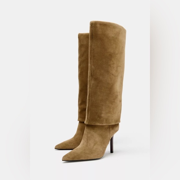Zara Shoes - Zara Split suede tan heeled boots. High leg pull on stiletto heel. Pointed toe.